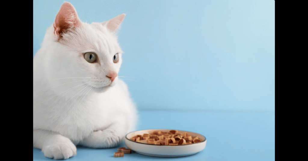 White cat with green eyes looking away next to a bowl of dry kitten food on a blue background.