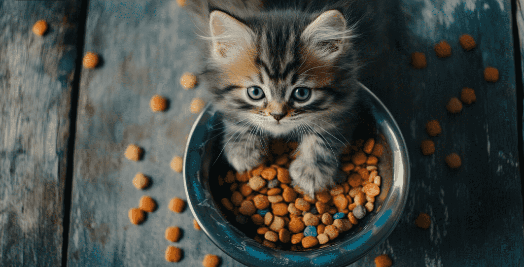 The image shows an adorable fluffy kitten with striking blue eyes sitting inside a metal bowl filled with colorful dry cat food. The kitten's front paws are resting on the kibble, and more pieces of the cat food are scattered on the wooden surface around the bowl. The kitten's fur is a mix of brown, black, and white, with distinct stripes, giving it a very soft and cuddly appearance.