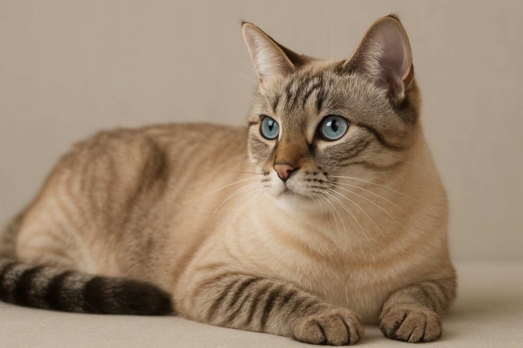 Lynx Point Siamese cat lying on a beige surface with blue eyes and tabby markings.