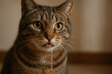 Realistic close-up photo of a tabby cat with drool hanging from its mouth