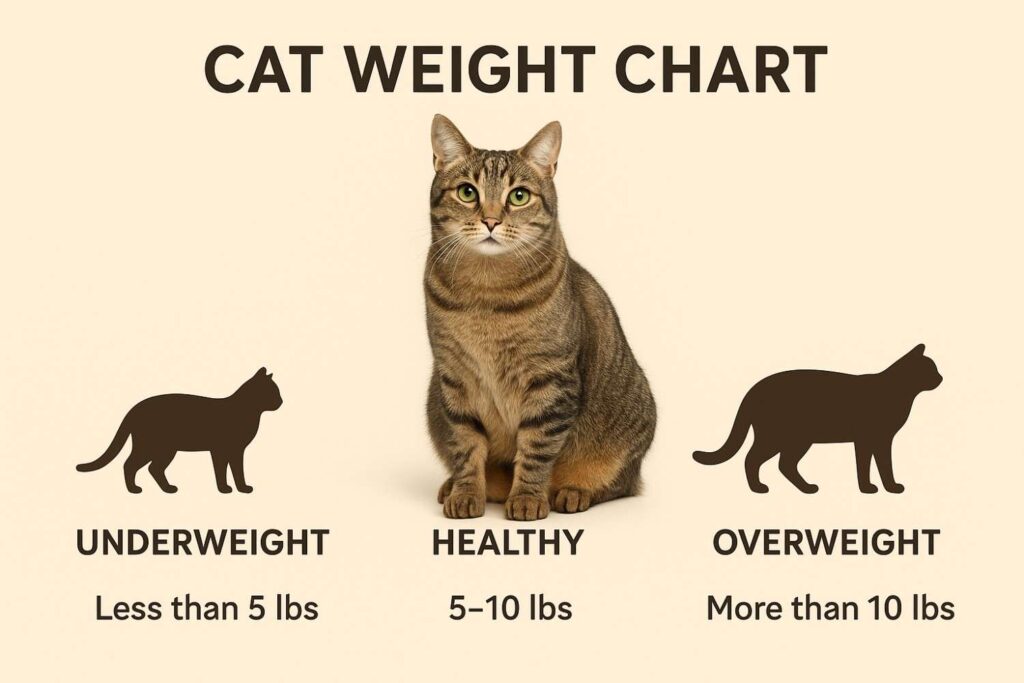 Realistic cat weight chart with healthy, underweight, and overweight categories.