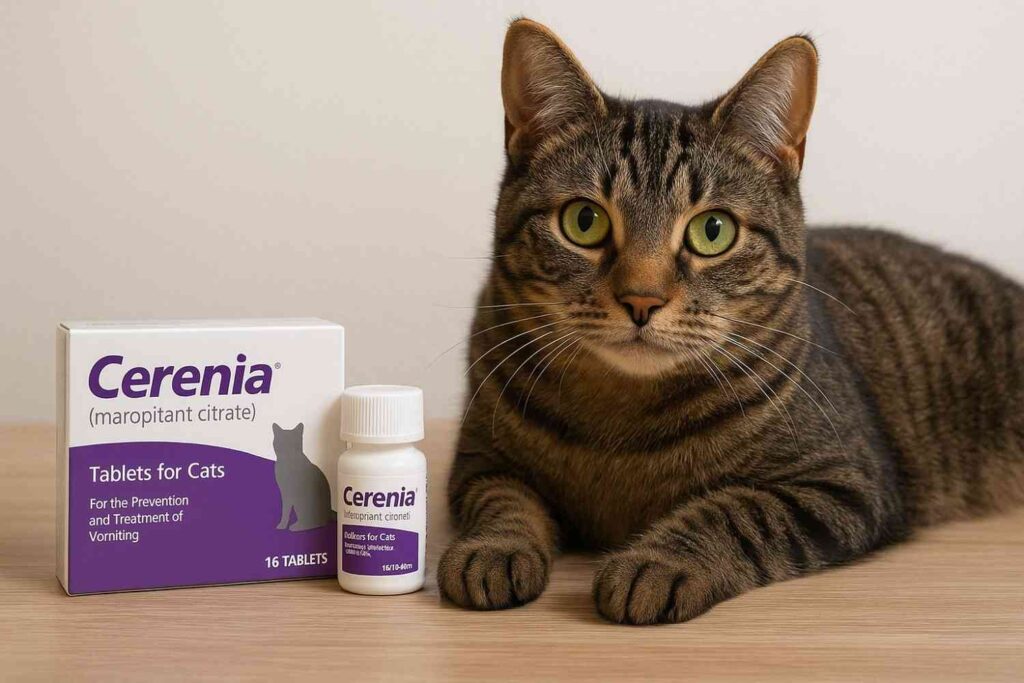 Tabby cat resting next to Cerenia medicine box and bottle on a wooden table.