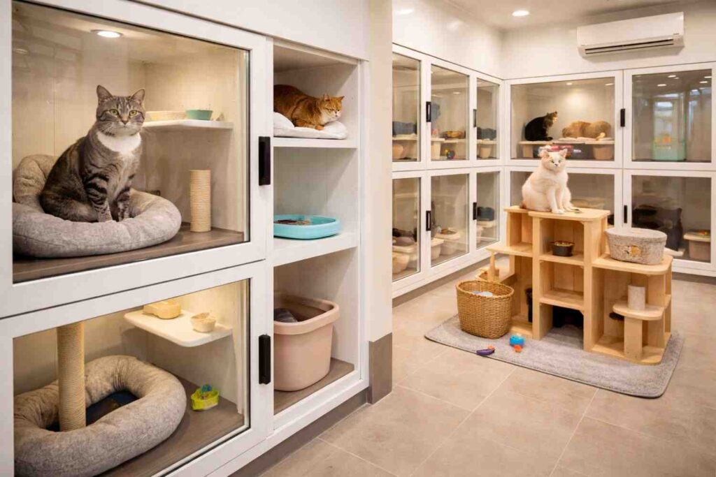 Modern cat kennel with cats resting inside clean glass enclosures and a play area.