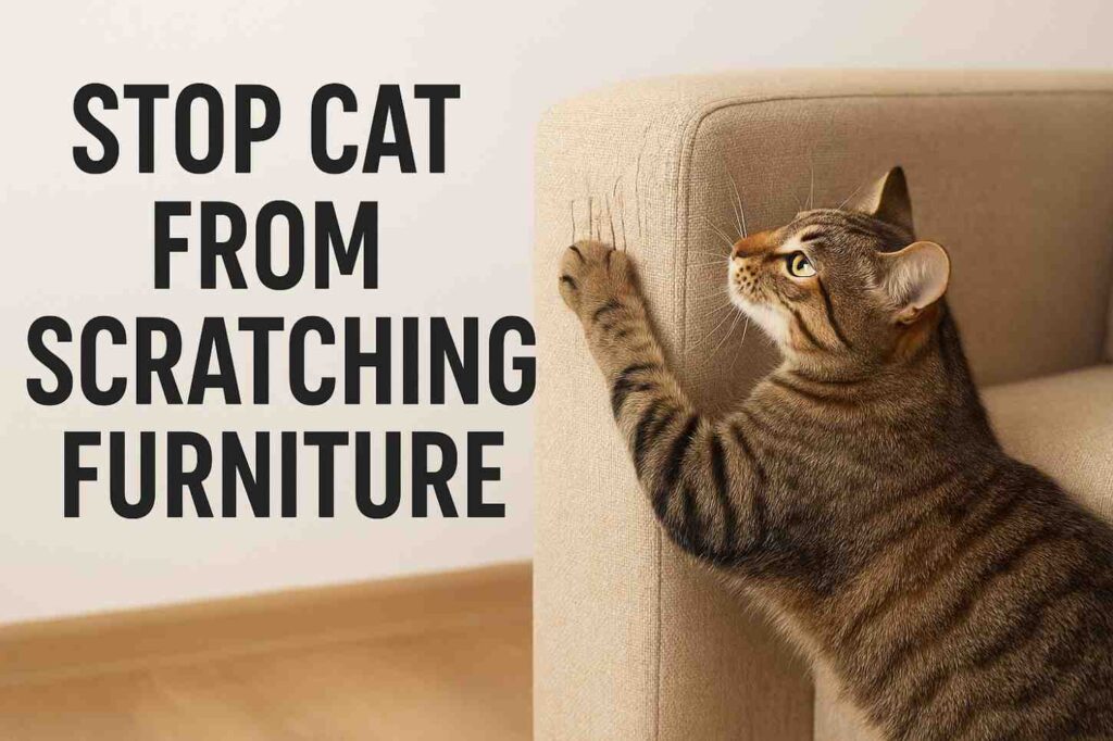 Tabby cat scratching the side of a beige sofa in a home environment.