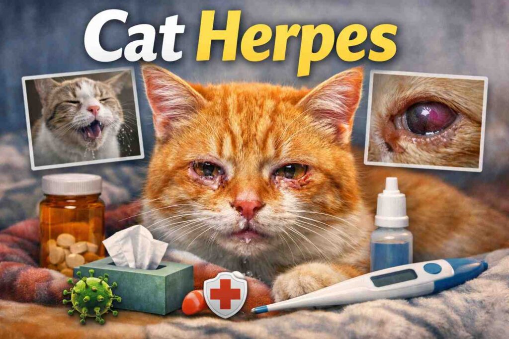 Cat with watery eyes and sneezing showing symptoms of cat herpes infection