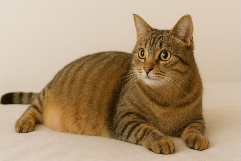 Pregnant tabby cat lying on a beige surface, showing visible belly — perfect for “If My Cat Is Pregnant” articles.