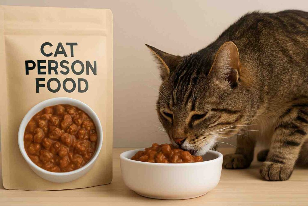 A person dining with a tabby cat eating from a bowl on a cozy wooden table in a warmly lit home.