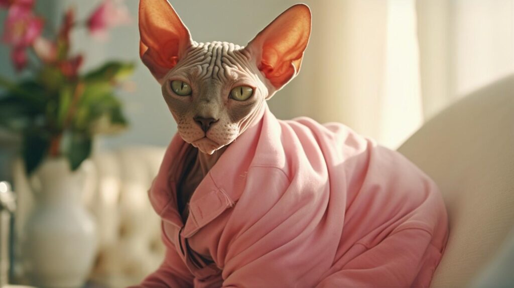 Sphynx cat wearing pink clothes sitting comfortably indoors on a sofa