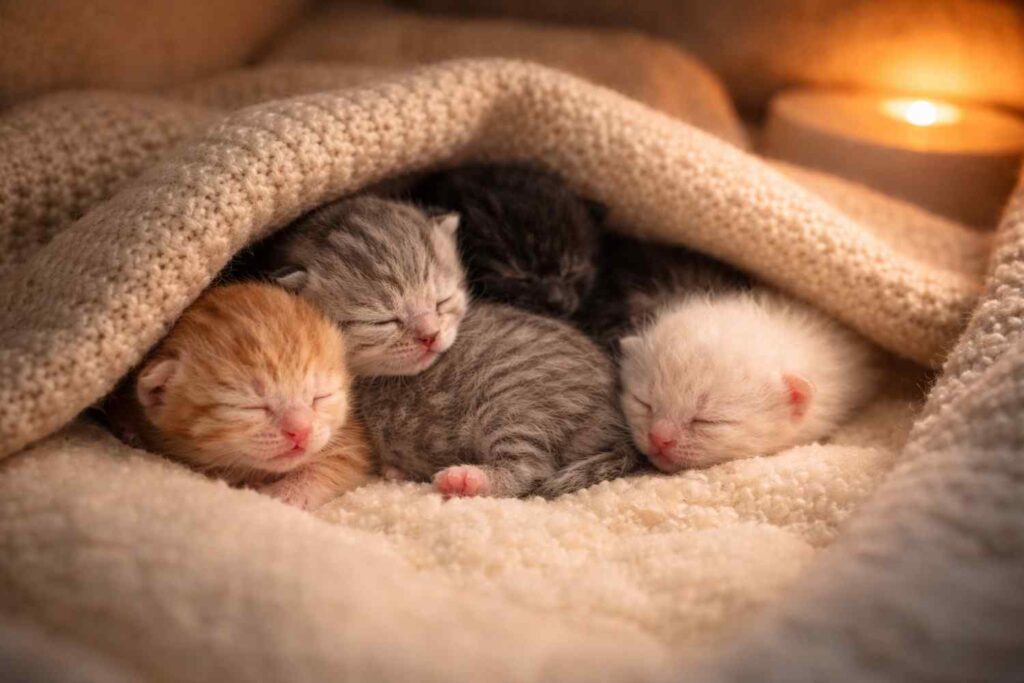 Newborn kittens sleeping together on a soft blanket to stay warm