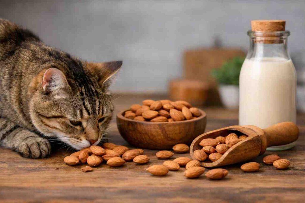 Tabby cat sniffing almonds on a wooden table with a bowl of almonds and almond milk nearby