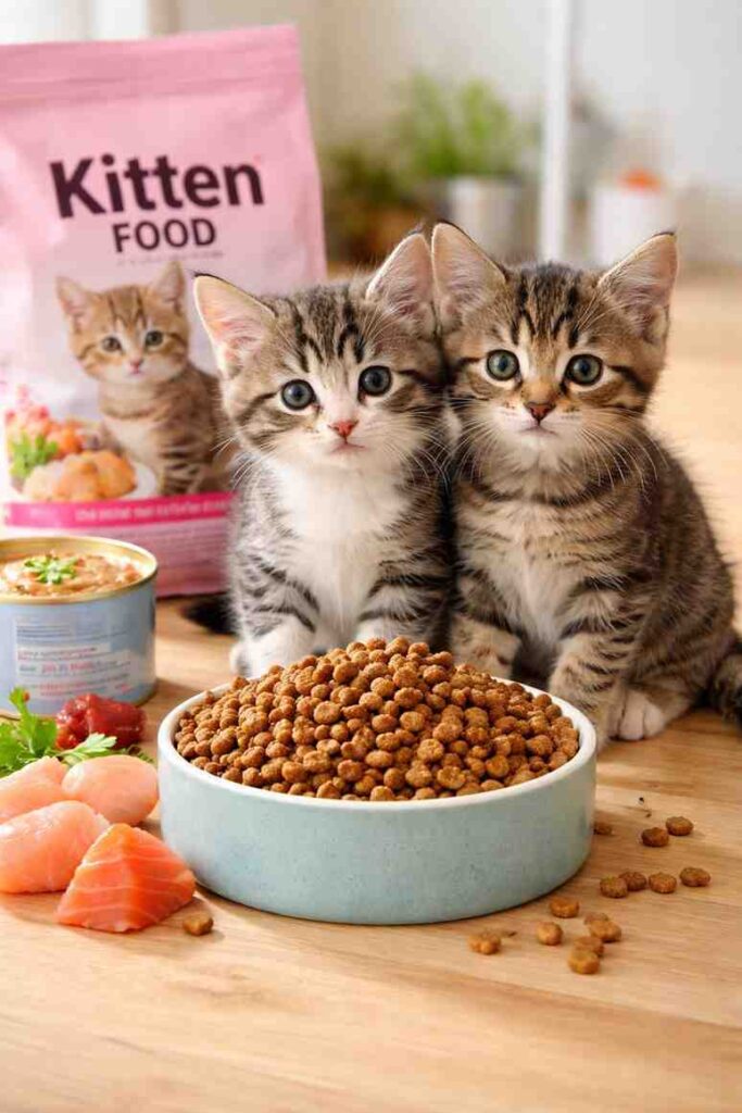 Two cute kittens sitting next to a bowl of dry kitten food with kitten food packaging in the background.