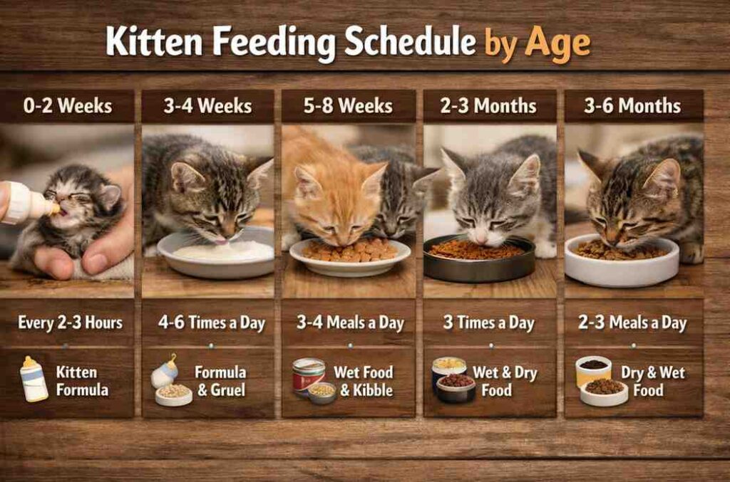 kitten feeding schedule by age showing newborn to 6 month kittens eating formula, wet food, and dry food