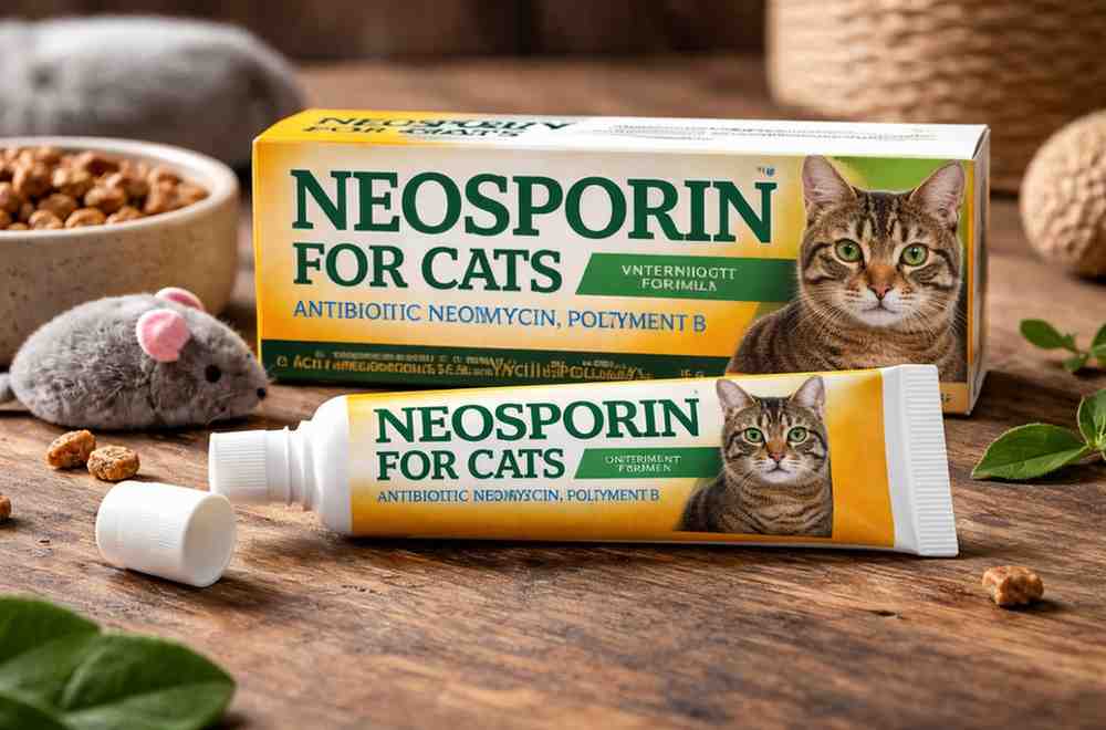 Cat wound care ointment Neosporin packaging with tabby cat image and pet accessories background