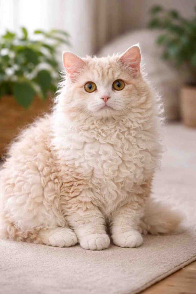 Selkirk Rex cat with soft curly fur and golden eyes sitting indoors.