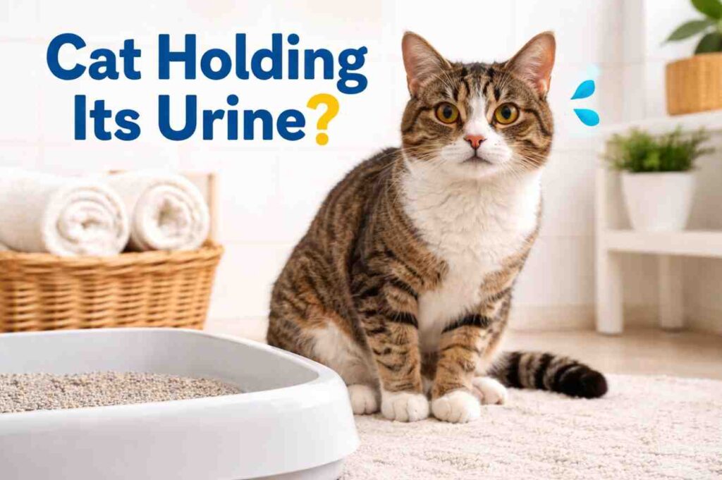 Tabby cat sitting near a litter box in a bathroom with a concerned expression