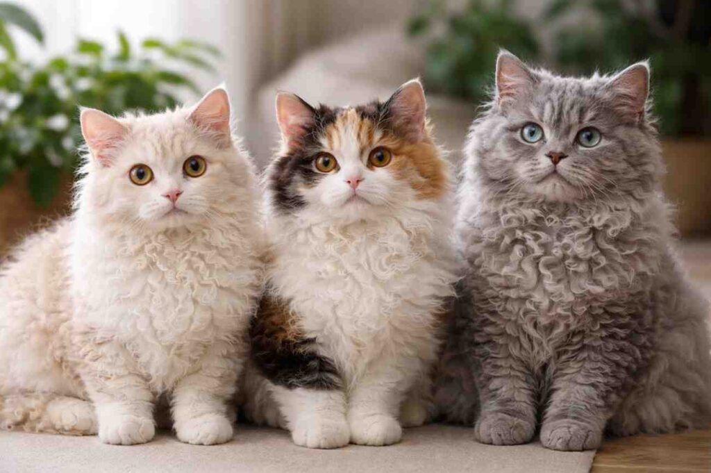 Adorable curly-coated cats with soft curly fur sitting side by side.