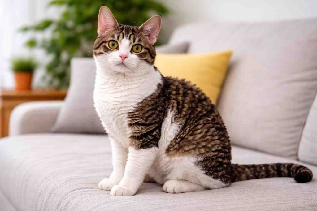 Close view of a German Rex cat with wavy coat and yellow eyes in a living room setting