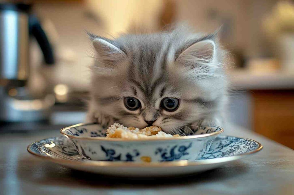 Gray fluffy kitten eating food from a small bowl on a kitchen table