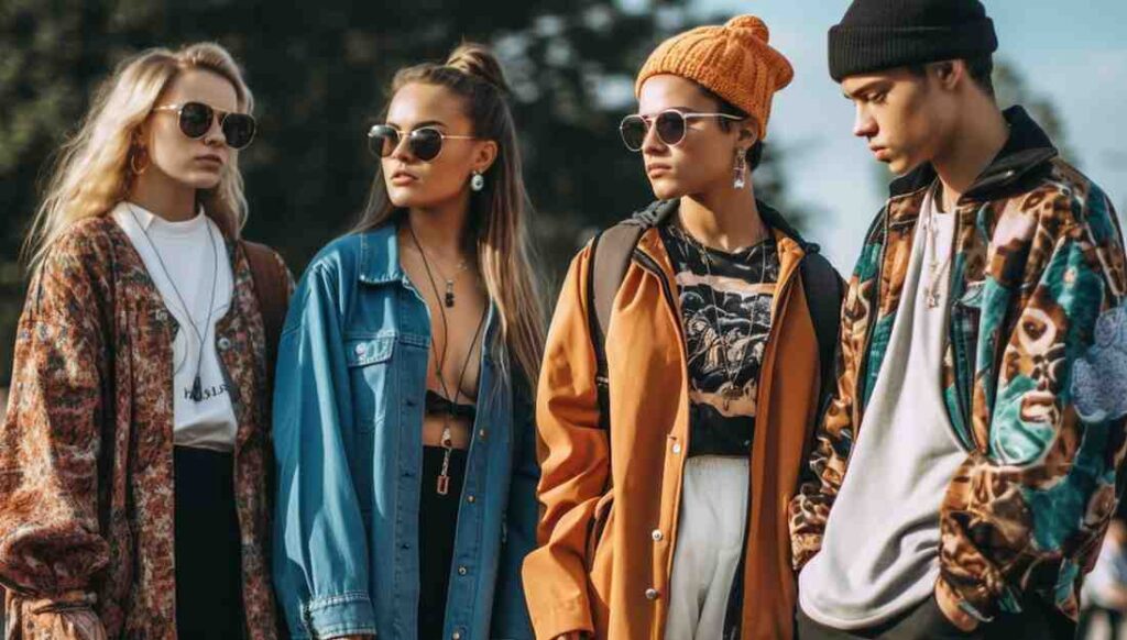 Young men and women wearing trendy streetwear with sunglasses outdoors