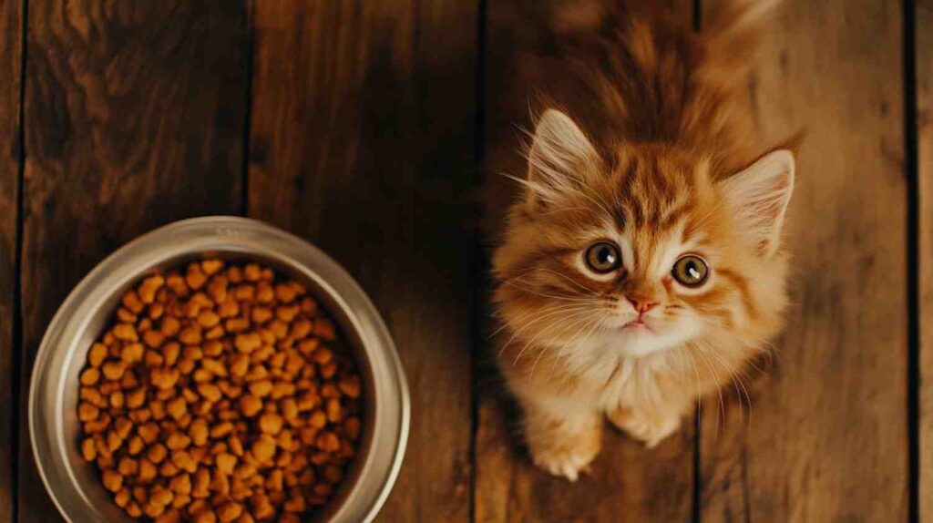 Ginger kitten sitting next to a bowl of food on a wooden floor looking up