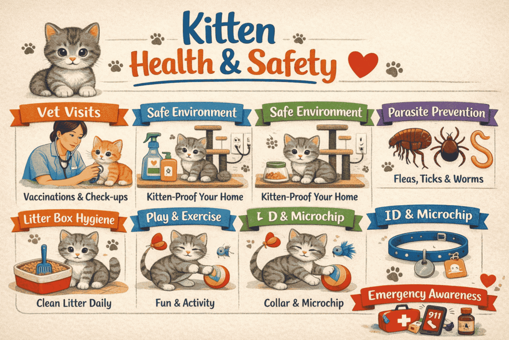Horizontal infographic of kitten health and safety tips including vet visits, safe environment, nutrition, litter care, parasite prevention, and emergency readiness.